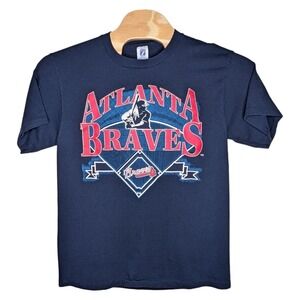 Vintage Atlanta Braves Baseball T Shirt Mens Large Logo 7 Navy Blue Tomahawk 90s